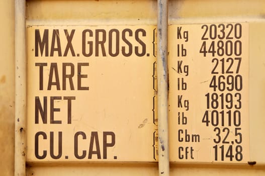 Worn letters on rusty metal industrial container surface.