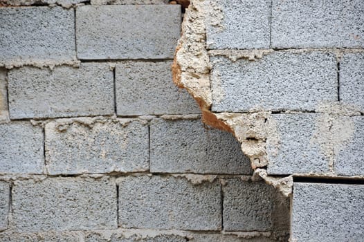 Broken cinder block brick wall background texture.
