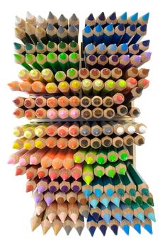 Top view on a box of colorful pencils isolated on a white background.