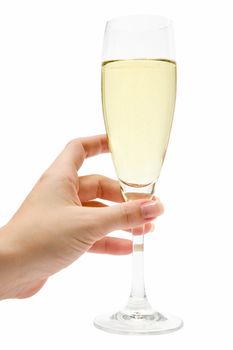 Female hand holding a champagne glass. Isolated on a white background.