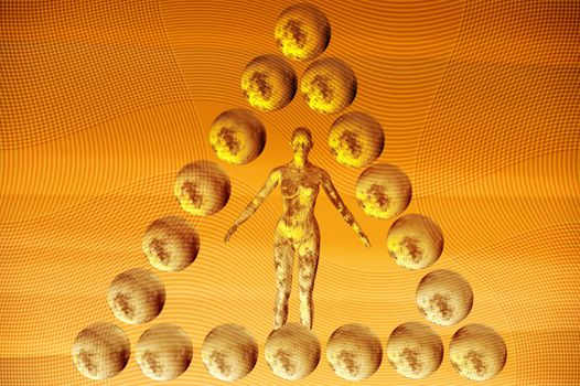 Female figure in a pyramid of spheres. 3d futuristic illustration.