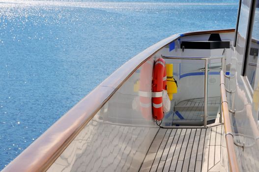 Deck of the yacht with safety equipment