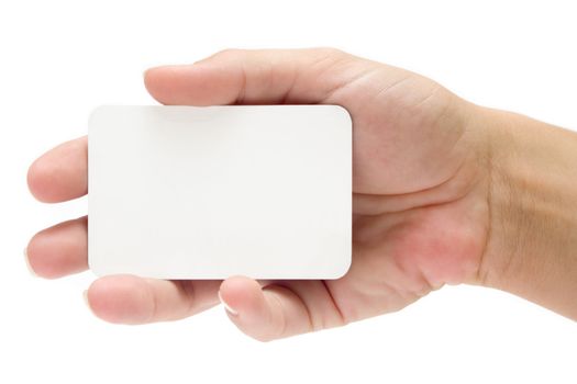 Female hand holding a blank business card. Add your own text.