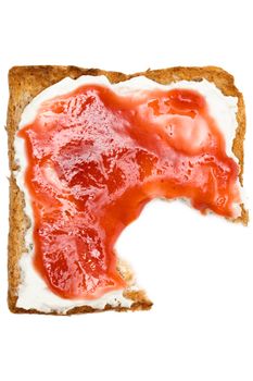 Eating a toast with raspberry jam. Isolated on a white background.