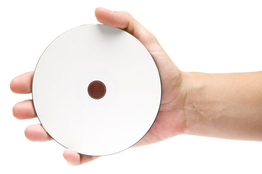 Female hand holding a blank disc. Isolated on a white background.