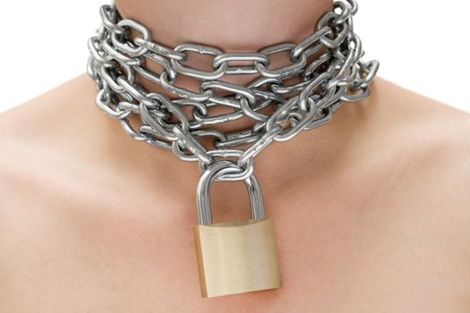 Iron chain with padlock around a woman�s neck. White
background.
