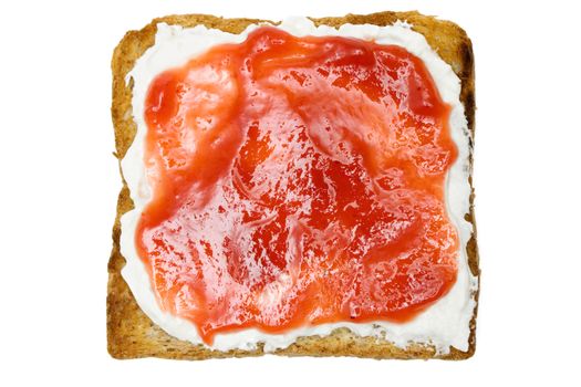 Raspberry jam on a slice of bread. Isolated on a white background.
