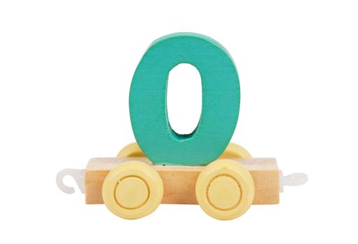 Wooden toy on a wheels number 0 isolated over white