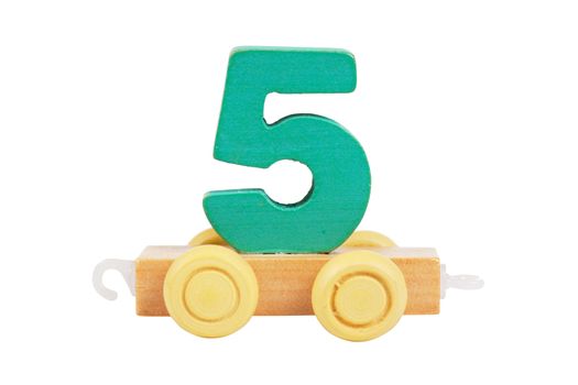 Wooden toy on a wheels number 5 isolated over white