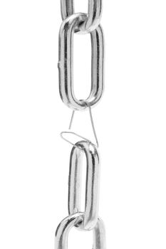 Chain links held by a paper clip. Isolated on a white background.