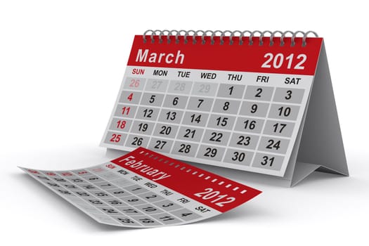 2012 year calendar. March. Isolated 3D image