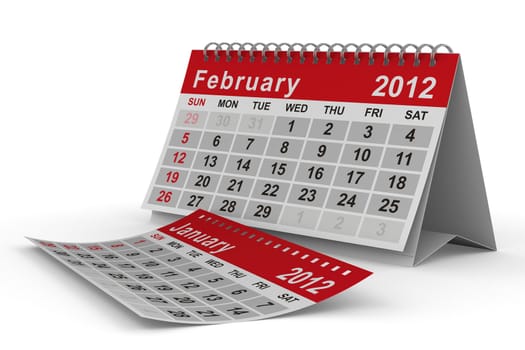 2012 year calendar. February. Isolated 3D image
