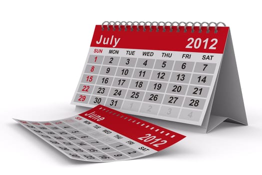2012 year calendar. July. Isolated 3D image