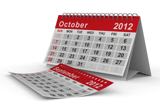 2012 year calendar. October. Isolated 3D image