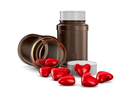 Two bottle and hearts on white background. Isolated 3D image