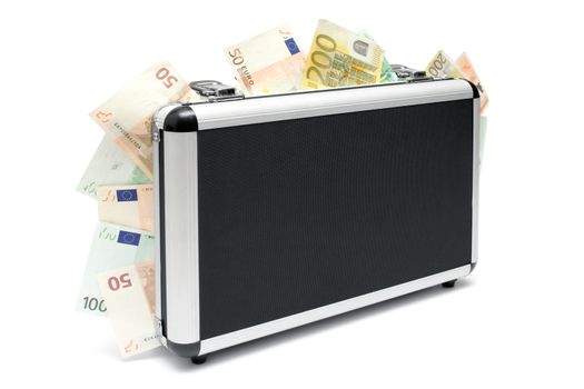 Standing money case full of various Euro banknotes. Isolated on a white background.