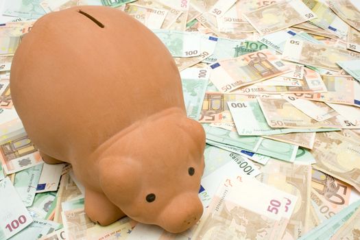 Fat piggy bank standing on Euro banknotes.