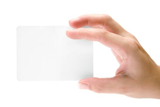 Female hand holding a blank card. Isolated on a white background.
