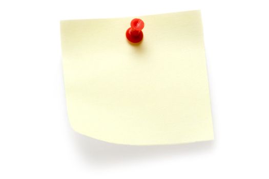 Yellow note attached with a red pin. Isolated on a white background.