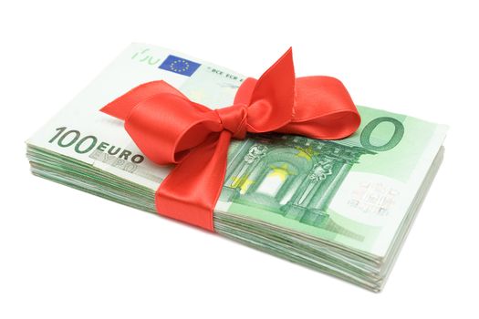 Red ribbon on one hundred Euro banknotes. Isolated on a white background.