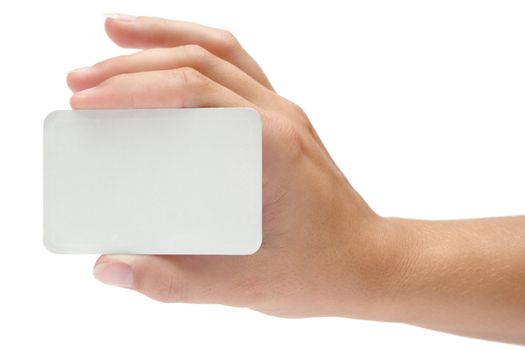 Female hand holding a blank business card. Add your own text.