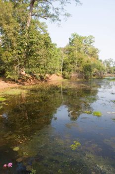 a river in front of Phnom Bakheng in Cambodia