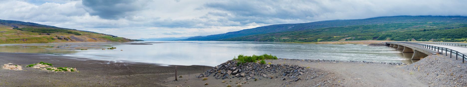 Cloudy sky over the coast in the East Fjords Iceland. Panorama