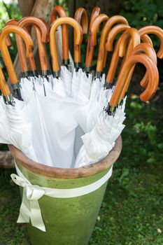 Storage full with white sun umbrellas