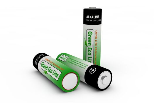 three modern LR 6 1.5 volts batteries on a white background