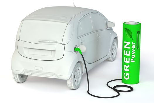 alternative energy green power - a green battery as a fuel pump fuels an E-Car