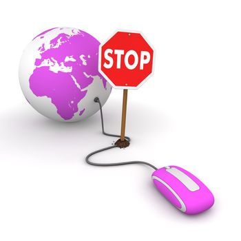 purple computer mouse is connected to a purple globe - surfing and browsing is blocked by a stop sign that cuts the cable