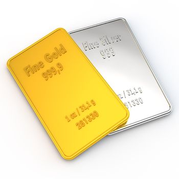 a small gold and a silver bar with the weight of 1 ounce