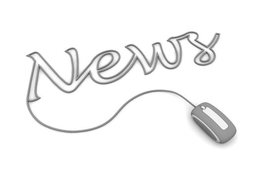 modern grey computer mouse is connected to the grey word NEWS - letters a formed by the mouse cable