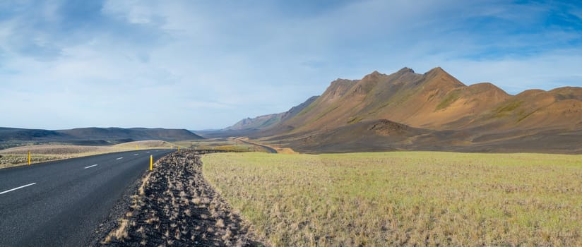 Winding road bends of Thingvellir - famous area in Iceland. Panorama