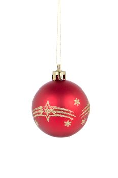 Big red Christmas ball decoration isolated on white background.