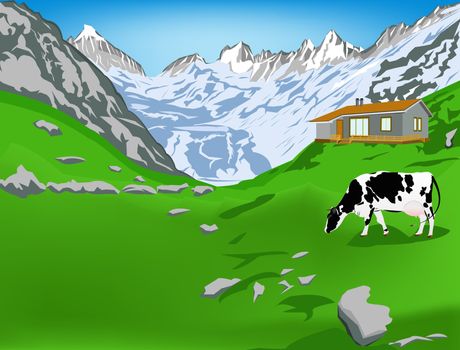 Dairy cow on a alps mountains green meadow