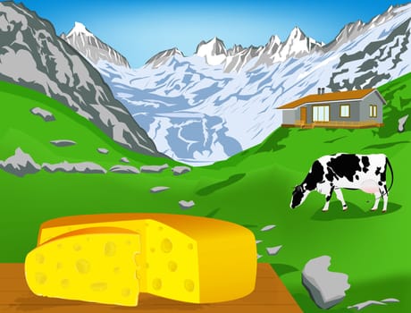 Natural swiss dairy cheese from cow with alps meadow