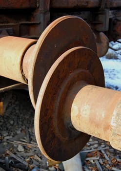 Abandoned rusty steel railway wagon buffers close-up