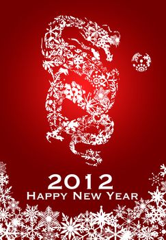2012 Chinese Year of the Dragon with Snowflakes on Red Background Illustration
