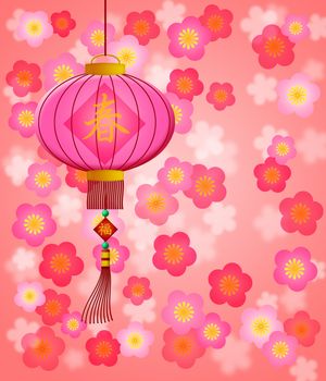Chinese New Year Cherry Blossom Background with Text for Spring on Lantern and Prosperity on Hanging Tag Illustration