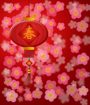 Chinese New Year Cherry Blossom Red Background with Text for Spring on Lantern and Prosperity on Hanging Tag Illustration