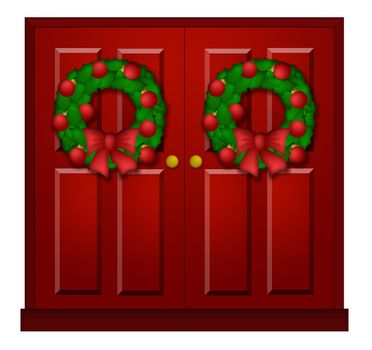 House Red Door with Christmas Wreath Ornaments and Bow Illustration