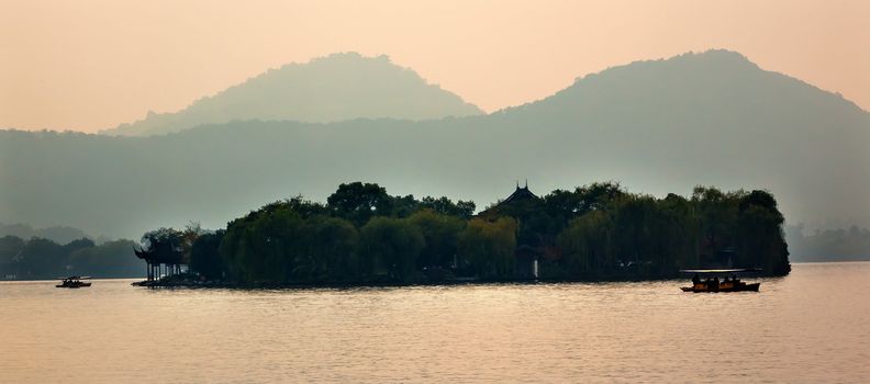 Xiaoying Island Boats Pavilion West Lake Hangzhou Zhejiang China.