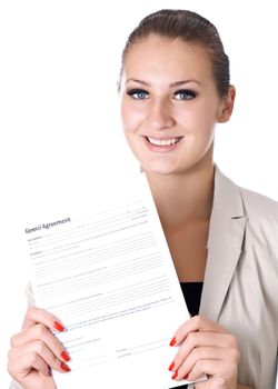 Business woman with the contract in hand isolated