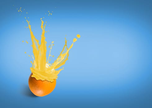 ice cubes fall into the orange, spray and splashes of juice