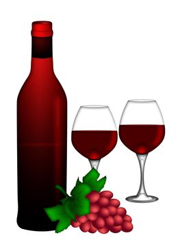 Bottle of Red Wine with Two Wine Glasses and Bunch of Grapes Isolated on White Background Illustration