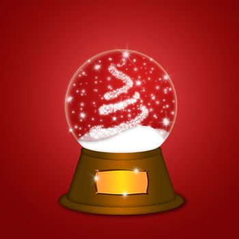 Christmas Water Snow Globe with Christmas Tree Sparkles and Snowflakes Illustration on Red Background