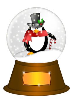 Christmas Water Snow Globe Penguin with Candy Cane and Blank Title Plaque Illustration Isolated on White Background