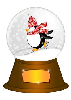 Christmas Water Snow Globe Penguin Ice Skating  and Blank Title Plaque Illustration Isolated on White Background