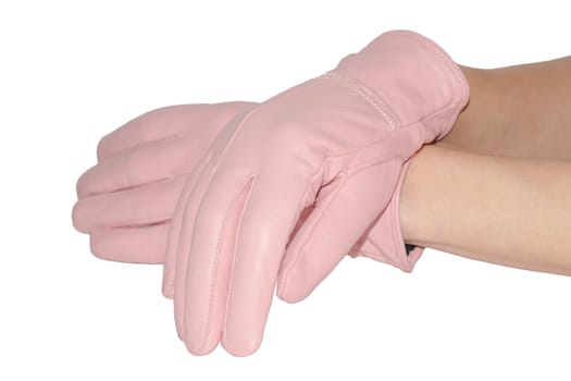 Graceful hands in leather pink gloves isolated on white